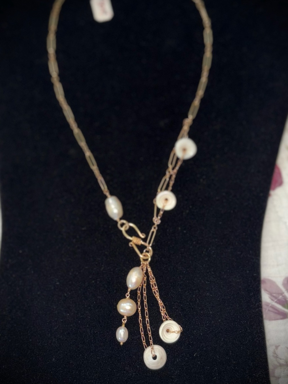 Delicate Puka Shell and Pearl Drop Gold Necklace - Picture 1 of 3